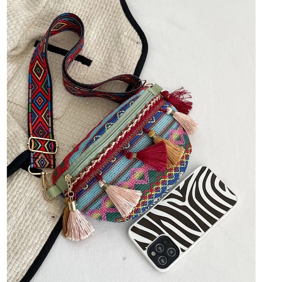 Boho Embroidered Fanny Pack Style Crossbody Bag with Tassels - Picture 14 of 16